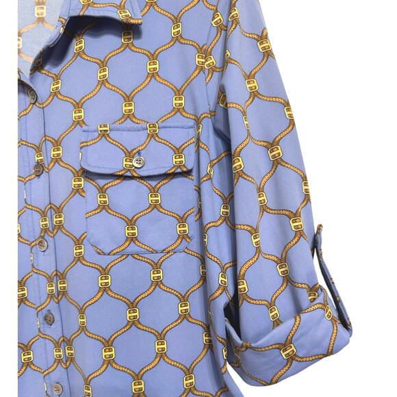 J. McLaughlin Catalina Cloth Tab Sleeve Button Front Chain Link Print Blouse - Picture 6 of 11